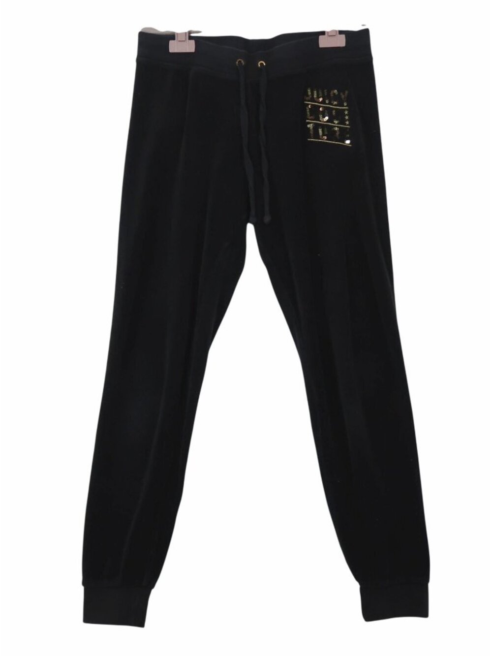 Vintage Y2K 2000's Juicy Couture Black Velour Joggers XS Sequin Logo Pockets